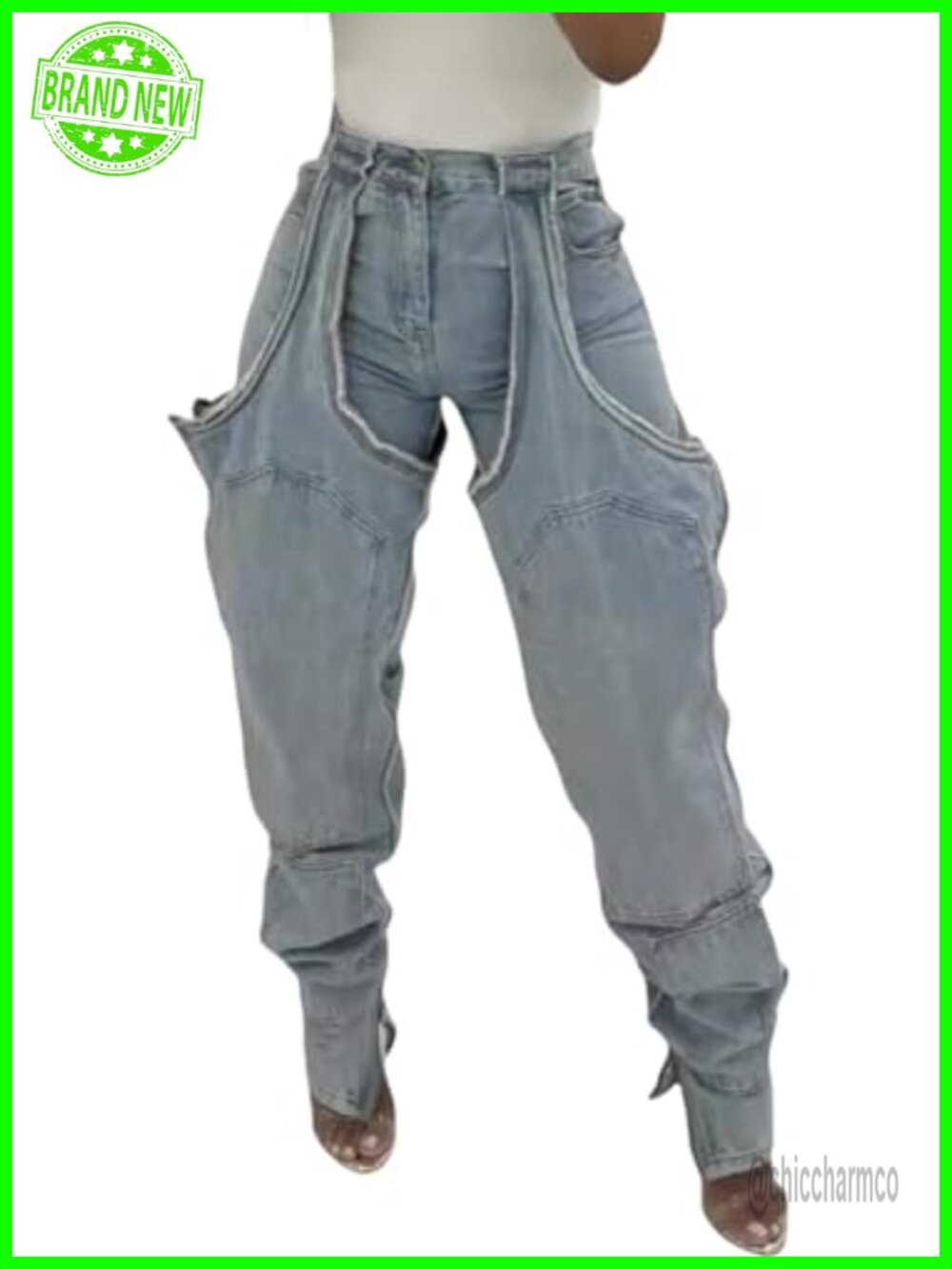 High Waisted Wide Leg Cargo Jeans Cotton Blend